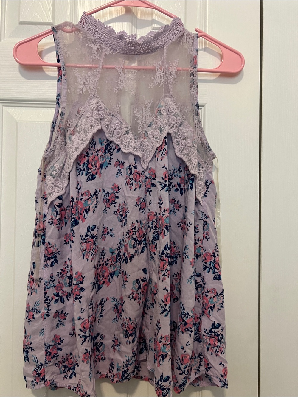 No Boundaries Lavender Floral Lace Yoke Tank Top